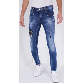 👉 Spijkerbroek denim mannen male blauw True Rise Jeans met verfspatten slim fit 7435144329329 7435144329398