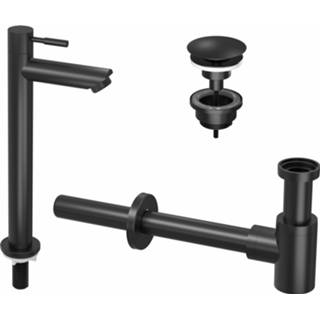 👉 Fonteinkraan zwart Ink combi set 2a staand hoog, always open plug en design sifon - mat