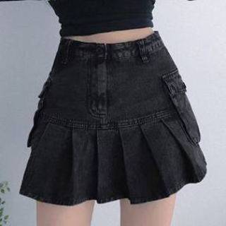 👉 Zwart Pleated Denim Mini A-Line Skirt