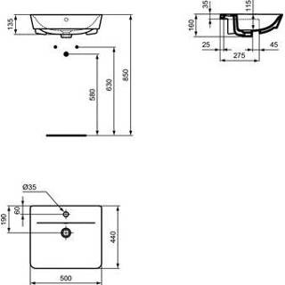 👉 Wit wastafels Connect Air Ideal Standard half inbouwwastafel Cube m. 1 kraangat overloop 50x44cm 5017830514473