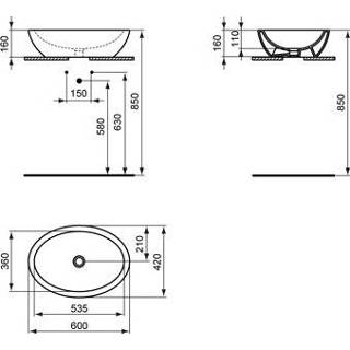 👉 Wit wastafels strada o Ideal Standard opbouwwastafel ovaal z. overloop kraangat 60x42cm plus incl. bevestiging 4015413040426