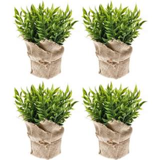 👉 Kunstplant groen 4x Kunstplanten muizendoorn kruiden in jute pot 20 cm