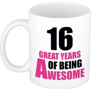 👉 Beker wit roze 16 great years of being awesome cadeau mok / en