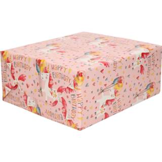 Inpakpapier roze 1x Rollen Inpakpapier/cadeaupapier met eenhoorn happy birthday print 200 x 70 cm rol