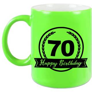 👉 Beker groen keramiek Happy Birthday 70 Years Cadeau Mok / Met Wimpel - 330 Ml Neon Verjaardag 8720276875790