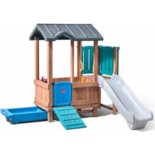 👉 Speelhuisje bruin hout blauw Step2 Speelhuis Met Glijbaan Woodland Adventure 193 Cm 733538490691