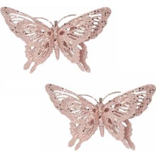 👉 Roze kunststof Set Van 6x Stuks Kerstboomversiering Glitter Vlinders Op Clip 15 Cm 8720276706827