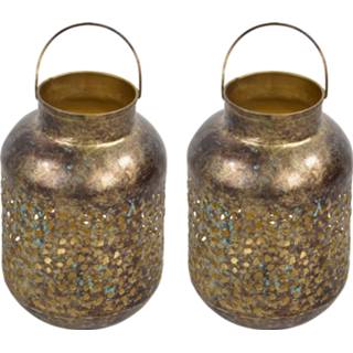 👉 Lantaarn gouden metaal 2x stuks vintage/antiek look lantaarns/windlichten van 23 cm