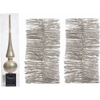 👉 Folie parel Parel/champagne kerstversiering/kerstdecoratie set piek en 2 slingers 270 cm