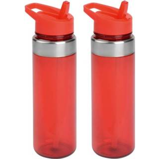 👉 Sportfles transparant rood kunststof Set Van 2x Stuks Transparant/rood Drinkfles/waterfles Met Draaglus 650 Ml - 8720276538848