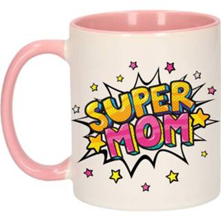 👉 Wit roze Super mom bedank mok / cadeaubeker met sterren 300 ml