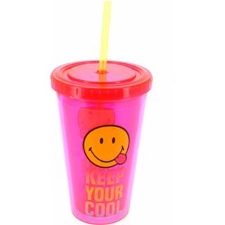 👉 Drinkbeker roze geel kunststof Blueprint Collections Met Rietje Smiley 500 Ml Roze/geel 5055918617791