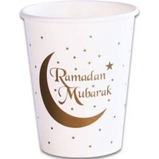 👉 Beker papier wit 8x Ramadan Mubarak Thema Bekertjes - Wegwerp Servies Suikerfeest/offerfeest/ramadanfeest Versieringen/decoraties 8720147065879