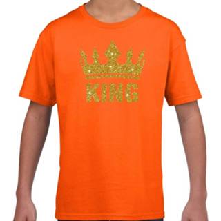 👉 Shirt oranje gouden synthetisch XS kinderen King Glitter Kroon T-shirt - Koningsdag/supporter Kleding (110-116) 8719538926479
