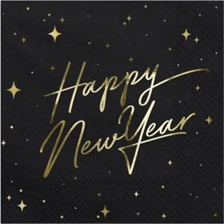 👉 Servet zwart papier 20x Nieuwjaar Happy New Year Servetten Zwart/goud 33 X Cm - Oudjaarsavond/nieuwjaarsborrel/jaarwisseling Versieringen 8720147574906