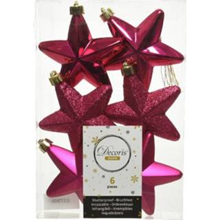 👉 Kerstbal roze kunststof 6x Bessen Sterren Kerstballen/kersthangers 7 Cm - Glans/mat/glitter Kerstboomversiering 8720147742961