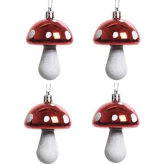 Kerstversiering rode kunststof rood 4x Kerstboomhangers Paddenstoelen 7 Cm - Kerstversiering/boomversiering 8720276469609