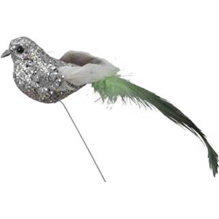 👉 Steker zilveren kunststof zilverkleurig 6x Decoratie Glitter Vogeltjes Op Draad 15 Cm - Vogels Stekers Kerstversiering/woondecoratie 8720147760279