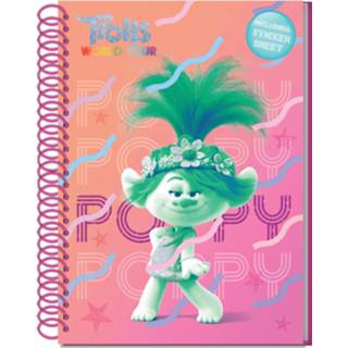 👉 Notitieboek roze Dreamworks & Stickervel Trolls: World Tour A5 8719817775576