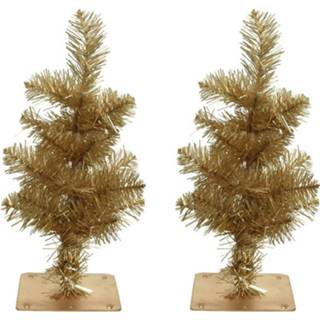 👉 Kerst boom metalen gouden One Size goud 2x stuks kunst kerstbomen 35 cm met 28 takjes en voet - Miniboompjes / kleine 8720276347709