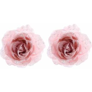👉 Kerstboom roze kunststof 2x Decoratie Roos Poeder 14 Cm - Kerstversiering Rozen Met Glitters 2 Stuks 8720147198850
