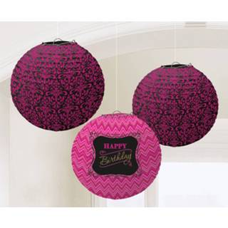 👉 Lampion zwart roze staal Amscan Lampionnen Happy Birthday Zwart/roze 24 Cm 3 Stuks 13051582210