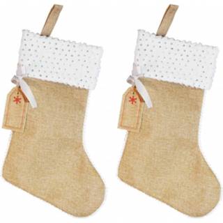 👉 Kerstsokken witte zilveren 2x Stuks Jute Met Rand En Pailletten 45 Cm - Kerstversiering/kerstdecoratie 8720276775311