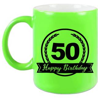 Beker groen keramiek Happy Birthday 50 Years Cadeau Mok / Met Wimpel - 330 Ml Neon Abraham Sarah Verjaardagscadeau 8720276870337