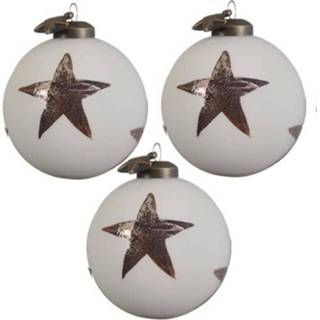 👉 Kerstbal wit bruin glas Kerstballen Met Sterren (8,5cm) Box 3 Stuks White Brown 8719323085213