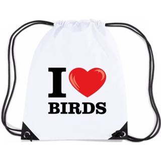 Rugzak wit nylon I Love Birds/ Vogels Rugzak/ Gymtas Met Rijgkoord 8719538509245