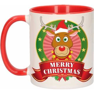 Beker rood wit keramiek keramisch multikleur 1x Kerst / Mok - Met 300 Ml Rendier Rudolf Print 8719538327443