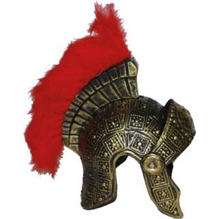 👉 Romeinse helm rode kunststof goudkleurig Met Veren - Carnavalsaccessoires/verkleedaccessoires Gladiator Helmen/hoofddeksels Voor Volwassenen 8718758650942