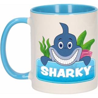 👉 Beker blauw wit keramiek keramisch multikleur 1x Sharky / Mok - Met 300 Ml Haaien Bekers 8719538311534