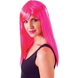 👉 Damespruik roze synthetisch vrouwen Lange Neon Met Pony 8718758625025