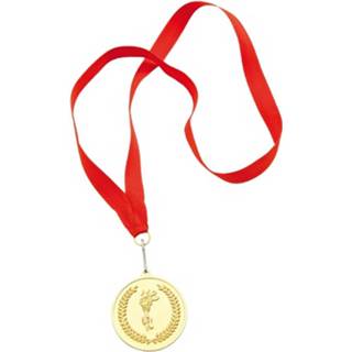 👉 Gouden medaille rood polyester goudkleurig Sportprijzen - Medailles Eerste Prijs Aan Lint 8718758706090