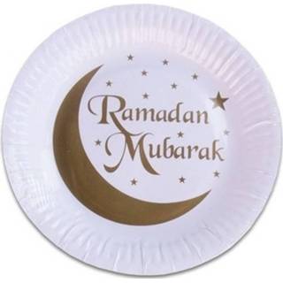 👉 Bord papier wit 16x Ramadan Mubarak Thema Bordjes 18 Cm - Wegwerp Servies Suikerfeest/offerfeest/ramadanfeest Versieringen/decoraties 8720147070552