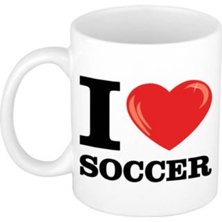 👉 Beker wit I Love Soccer / voetbal cadeau mok met hartje 300 ml
