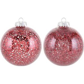 👉 Kerstbal rode kunststof plastic zilver rood 2x Sterren/glitter Kerstballen 10 Cm - Onbreekbare Kerstboomversiering 8719538927117