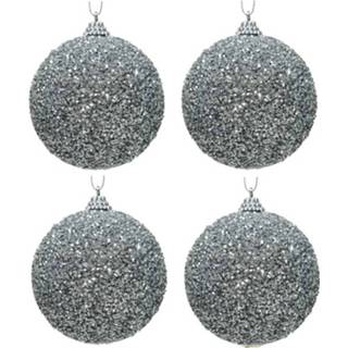 👉 Kerstbal zilveren kunststof zilver zilverkleurig 6x Glitter/kralen Kerstballen 8 Cm - Onbreekbare Kerstboomversiering 8720276109253