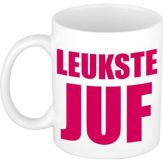 👉 Koffiemok roze keramiek wit Leukste Juf In Blokletters Cadeau / Theebeker 300 Ml - Verjaardag Bedankje Juffrouw 8720276207461