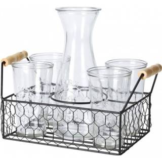 👉 Waterkaraf glas transparant mannen Water Karaf Met 4 Glazen In Mandje - Waterglazen Kan 8719538899575