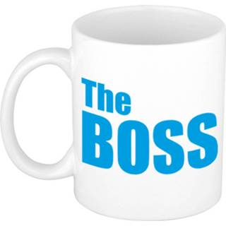 👉 Koffiemok wit blauwe keramiek The Boss Cadeau / Theebeker Met Blokletters - 300 Ml Fun Tekst Beker Cadeaumok 8720276162258