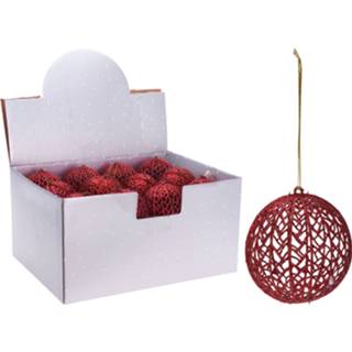 Kerstbal rode rood kunststof 2x glitter draad/rotan look kerstballen 9 cm - Kerstboomversiering 8720276547413