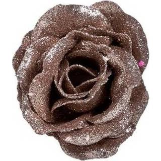 👉 Kerstversiering roze One Size 3x Oud roos met glitters op clip 7 cm - 8720276527781