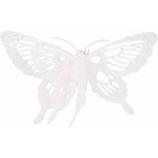 👉 3x Kerst decoratie vlinders wit 15 x 11 cm - Kerstboom versiering/decoratie vlinder op clip