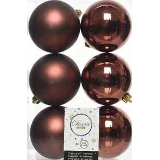 👉 6x Mahonie bruine kerstballen 8 cm  glanzende/matte kunststof/plastic kerstversiering