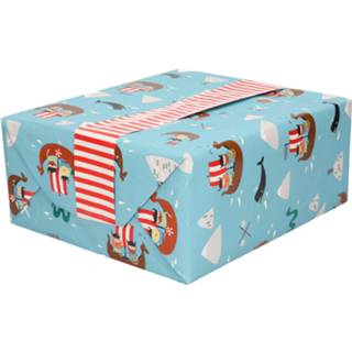 👉 3x Inpakpapier blauw met vikingen in een bootje - 200 x 70 cm - kadopapier / cadeaupapier rollen voor kinderverjaardag