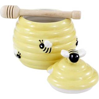 👉 Gele honingpot met honinglepel/stokje 11 cm - Keukengerei/tafelgerei - Thee drinken - Honing potten met 3D bijenmotief