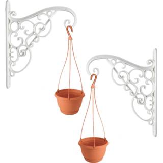 👉 Terracotta One Size wit witte Set van twee sierlijke bloempothangers/bloempot haken inclusief hangende bloempotten 1,2 liter - Tuindecoratie 8720276778015