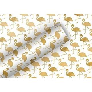 👉 Inpakpapier wit meerkleurig Rollen Inpakpapier/cadeaupapier wit/gouden flamingos/vogels print 150 x 70 cm - Cadeauverpakking kadopapier 8720147427134